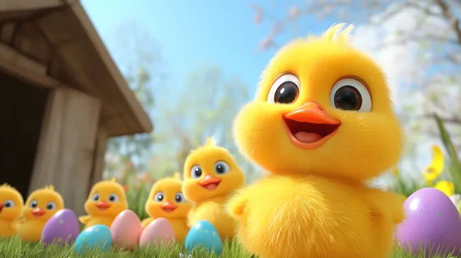 Süße Osterkücken zwischen bunten Eiern