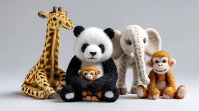 Süße Plüschtiere: Giraffe, Panda, Elefant und Affe