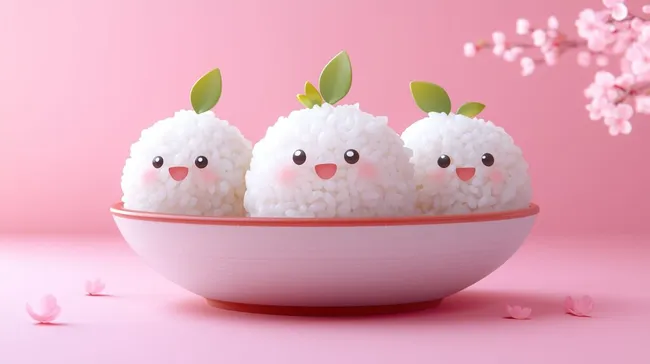 Süße Reiskörnchen mit Cartoon-Gesichtern in Schale