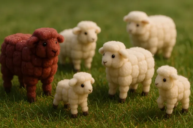 Süße Schafherde aus kuscheligem Wollfilz auf saftig grüner Wiese