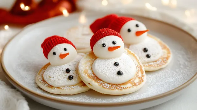 Süße Schneemann-Pfannkuchen mit Weihnachtsmützen