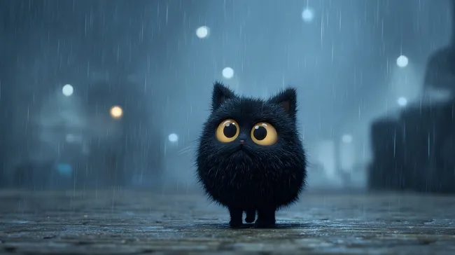 Süße schwarze Katze in Regennacht mit großen Augen