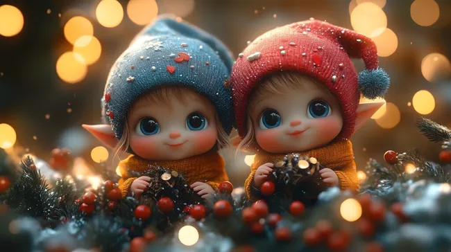 Süße Weihnachtselfen in winterlicher Szenerie