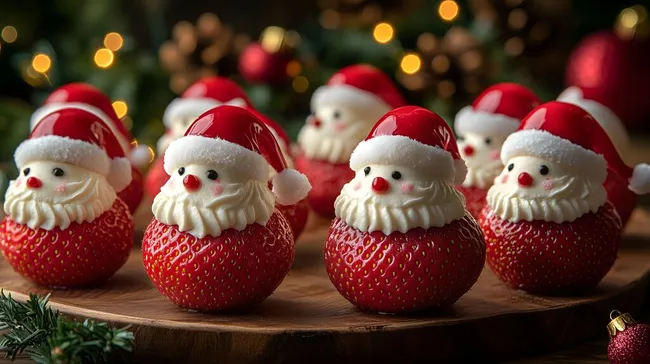 Süße Weihnachtsmännchen auf Erdbeeren