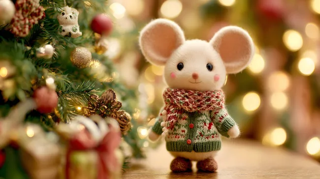 Süße Weihnachtsmaus im geschmückten Tannenbaum