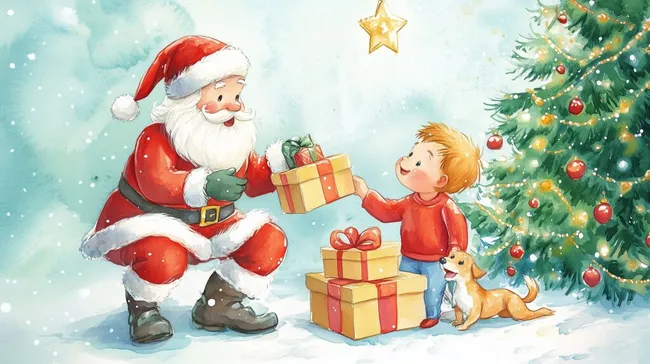 Süße Weihnachtsszene mit Weihnachtsmann und Kind