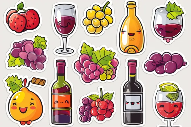 Süße Weintrauben, Flaschen und Gläser in lebendiger Illustration