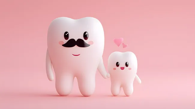 Süße Zahn-Charaktere mit Schnurrbart auf rosa Hintergrund