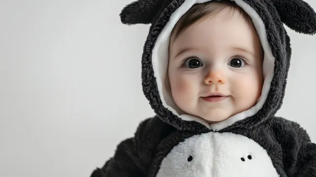 Süßer Baby-Pinguin in Plüschkostüm auf weißem Hintergrund