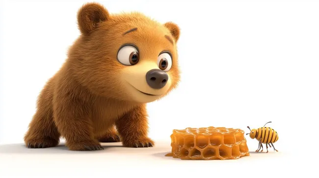 Süßer Cartoon-Bär betrachtet Honigwabe neben Biene