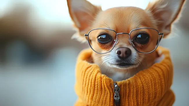 Süßer Chihuahua mit Brille und gelbem Pullover