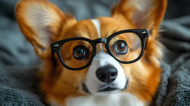 Süßer Corgi in schwarzer Brille auf grauem Fell