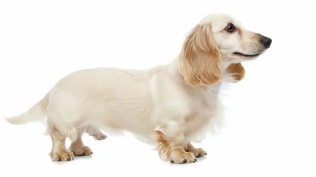 Süßer cremefarbener Dackel mit langem Fell