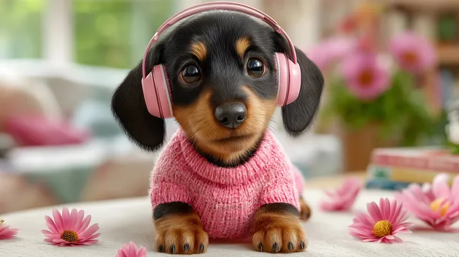 Süßer Dackel mit rosa Kopfhörern in rosa Pullover
