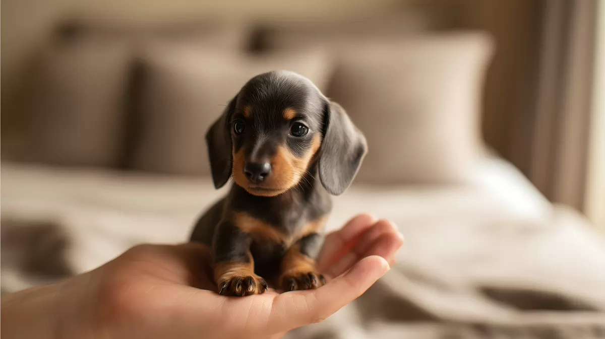 Süßer Dackel-Welpe in menschlicher Hand