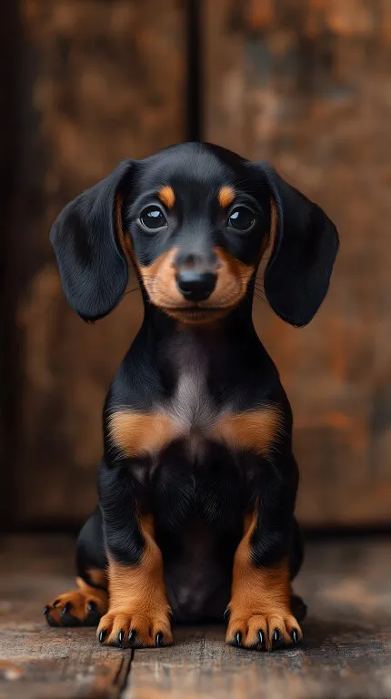 Süßer Dackelwelpe mit treuen Augen auf rustikalem Holzboden
