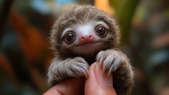 Süßer Faultier-Babybär an menschlicher Hand