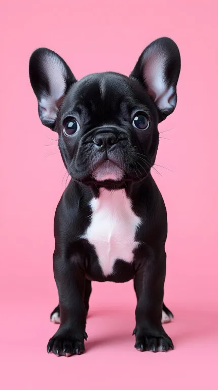 Süßer französischer Bulldogge-Welpe auf Rosafarbem Hintergrund