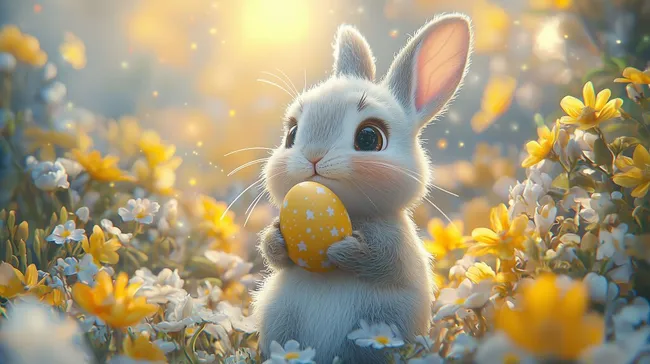 Süßer Hase mit Osterei in Blumenwiese