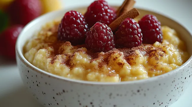 Süßer Hirsebrei mit knusprigen Himbeeren und Zimt