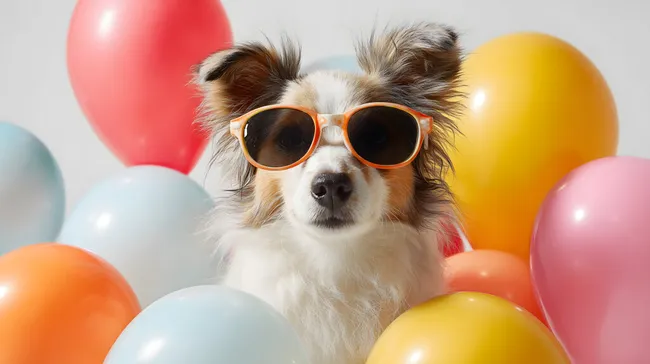 Süßer Hund in Sonnenbrille mit bunten Luftballons