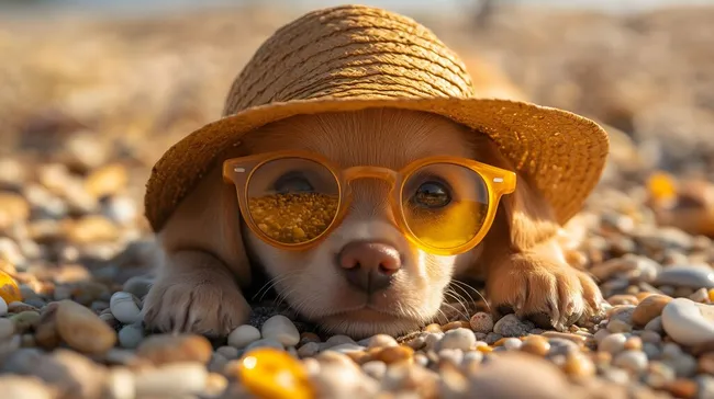 Süßer Hund in Sonnenbrille und Strohhut am Strand