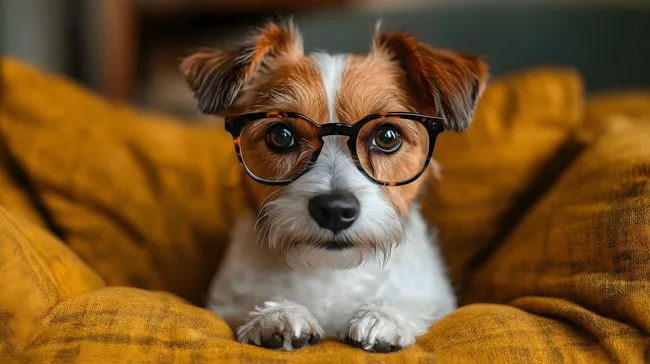 Süßer Hund mit Brille in orangefarbenem Sessel
