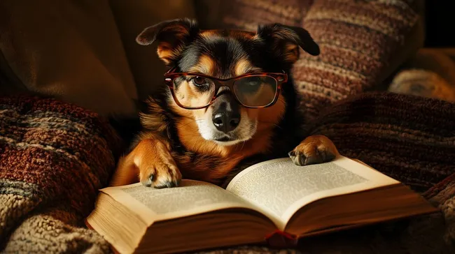 Süßer Hund mit Brille liest ein Buch