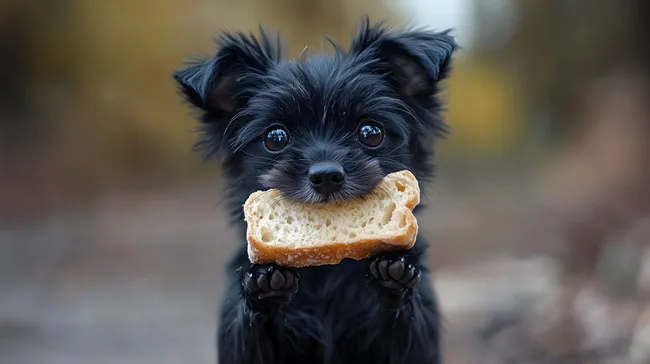 Süßer Hund mit knusprigem Brotschnitz im Maul