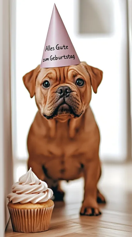 Süßer Hund mit Partyhut und Geburtstagskuchen