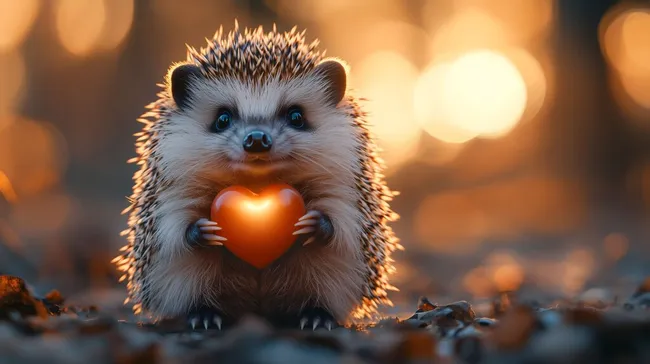 Süßer Igel hält leuchtendes Herz