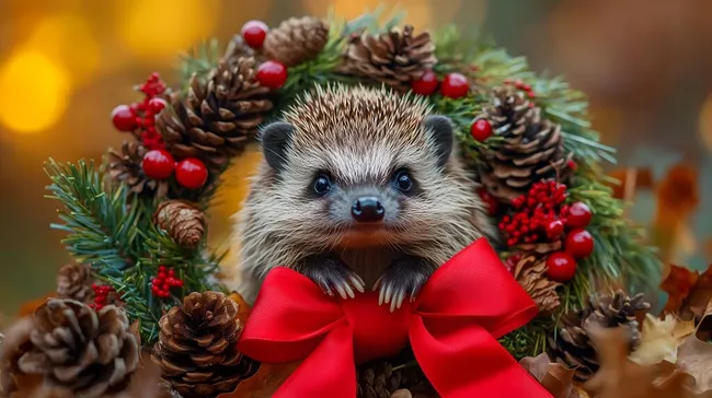 Süßer Igel im weihnachtlichen Kranz