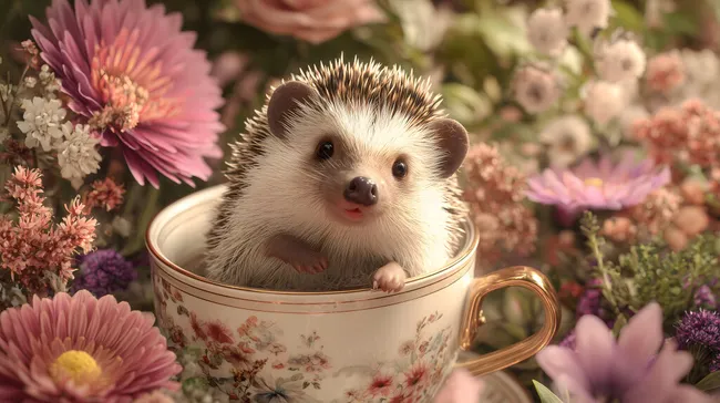 Süßer Igel in bunter Tasse mit Blumen