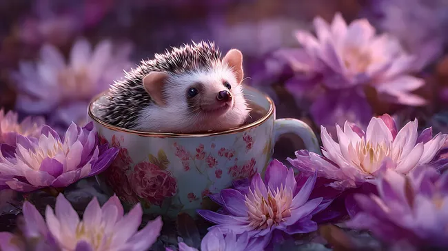 Süßer Igel in Vintage-Tasse umgeben von lila Blüten