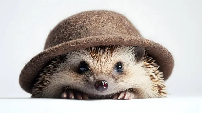 Süßer Igel mit Hut posiert vor weißem Hintergrund