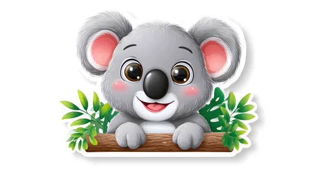 Süßer Koala-Cartoon mit großen Augen und Pflanzen