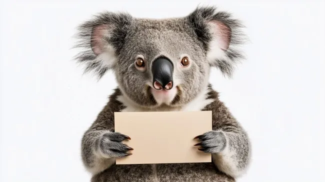 Süßer Koala mit Schild auf weißem Hintergrund