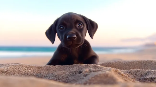 Süßer Labrador-Welpe am Sandstrand