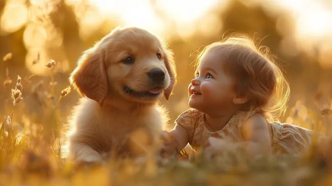 Süßer Moment zwischen Baby und Welpe im Sonnenuntergang