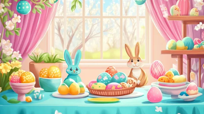 Süßer Osterdekor mit Hasenstatuen und bemalten Eiern