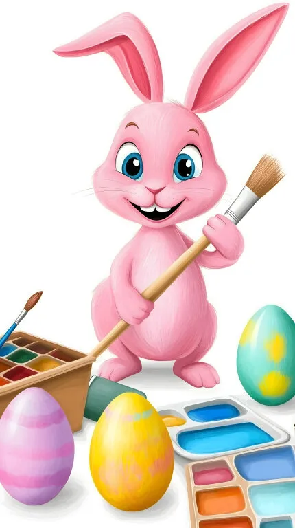 Süßer Osterhase beim Bemalen von bunten Eiern