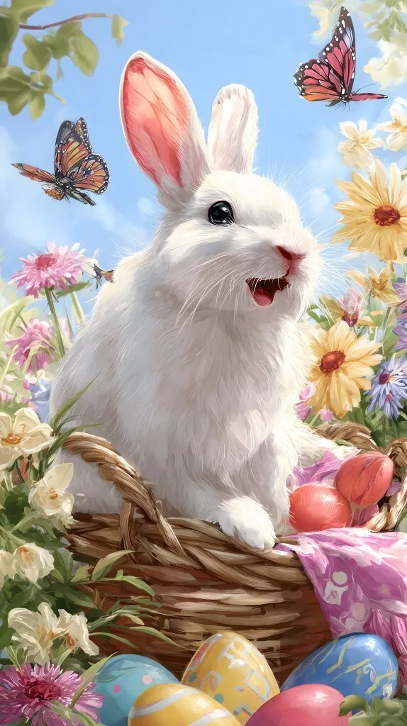 Süßer Osterhase im Blumenkorb mit bunten Eiern