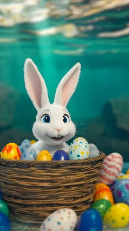 Süßer Osterhase in Korbmit bunten Eiern