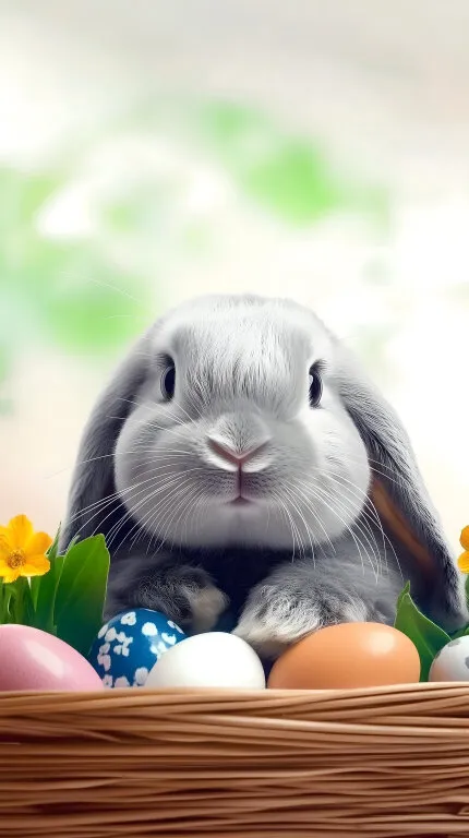 Süßer Osterhase in Korbschale mit bunten Eiern