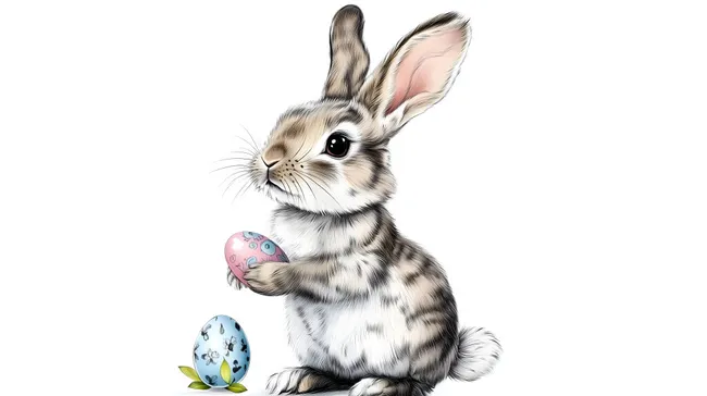 Süßer Osterhase mit bemaltem Ei vor weißem Hintergrund