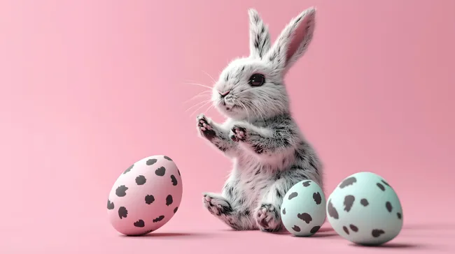 Süßer Osterhase mit bemalten Eiern auf rosafarbenem Hintergrund