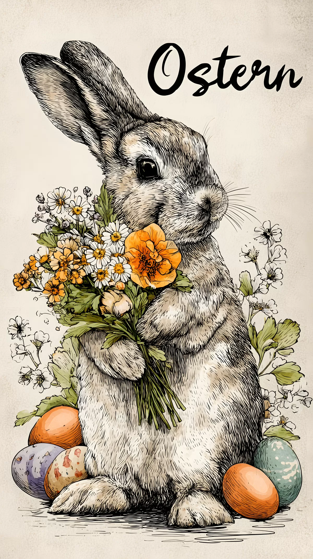 Süßer Osterhase mit Blumen und Eiern