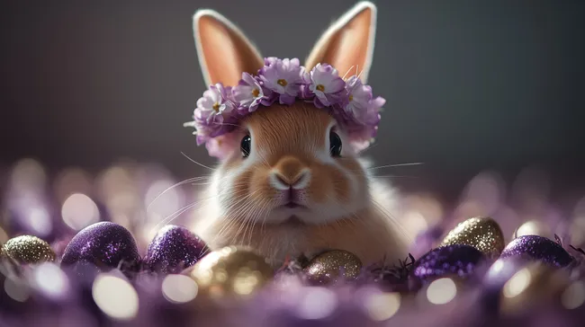 Süßer Osterhase mit Blumenkranz und glitzernden Eiern