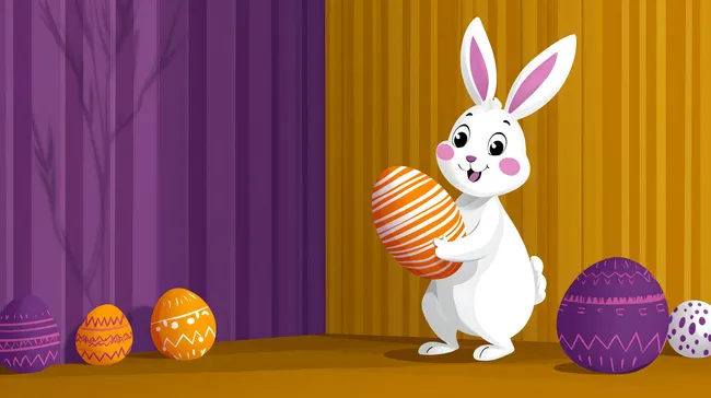 Süßer Osterhase mit buntem Ei auf Pastellhintergrund