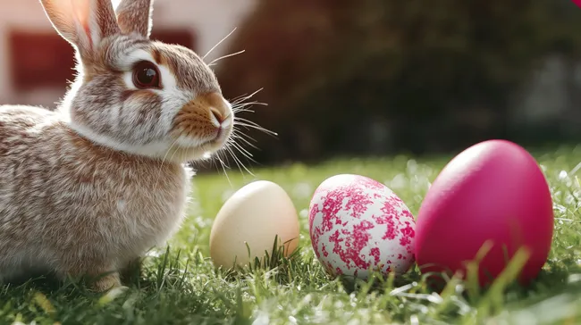Süßer Osterhase mit bunten Eiern auf der Wiese